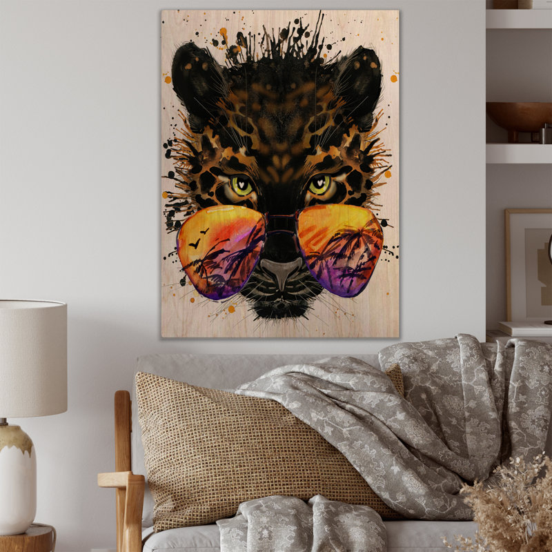 Drôle de jaguar avec lunettes de soleil - reproduction d'art, H 12 po x l 8 po x P 1 po, Bois de pin