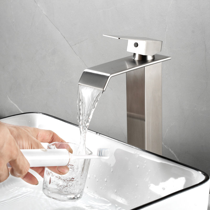 Waterfall Bathroom Vessel Faucet With Pop-Up Drain Single Hole Bathroom Vessel Sink Faucets Stainless Steel Single Handle Tall Bathroom Vanity Basin Taps