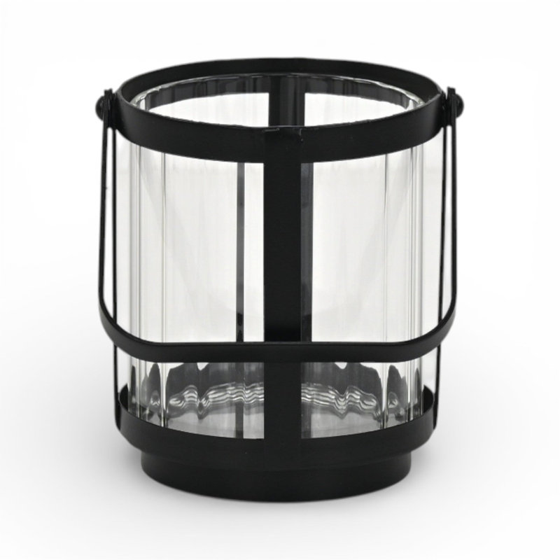 5" Clear And Black Glass And Metal Tabletop Lantern Candle Holder