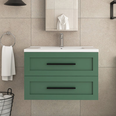 Ensemble de meuble-lavabo simple mural 30 po vert avec lavabo en céramique intégré