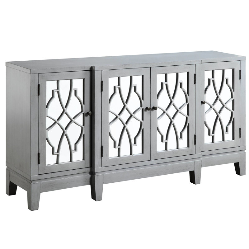 Console à 4 portes avec 4 tablettes et portes avant miroir, pieds fuselés, l 60 po x H 32 po x P 15 po, porte et tablettes