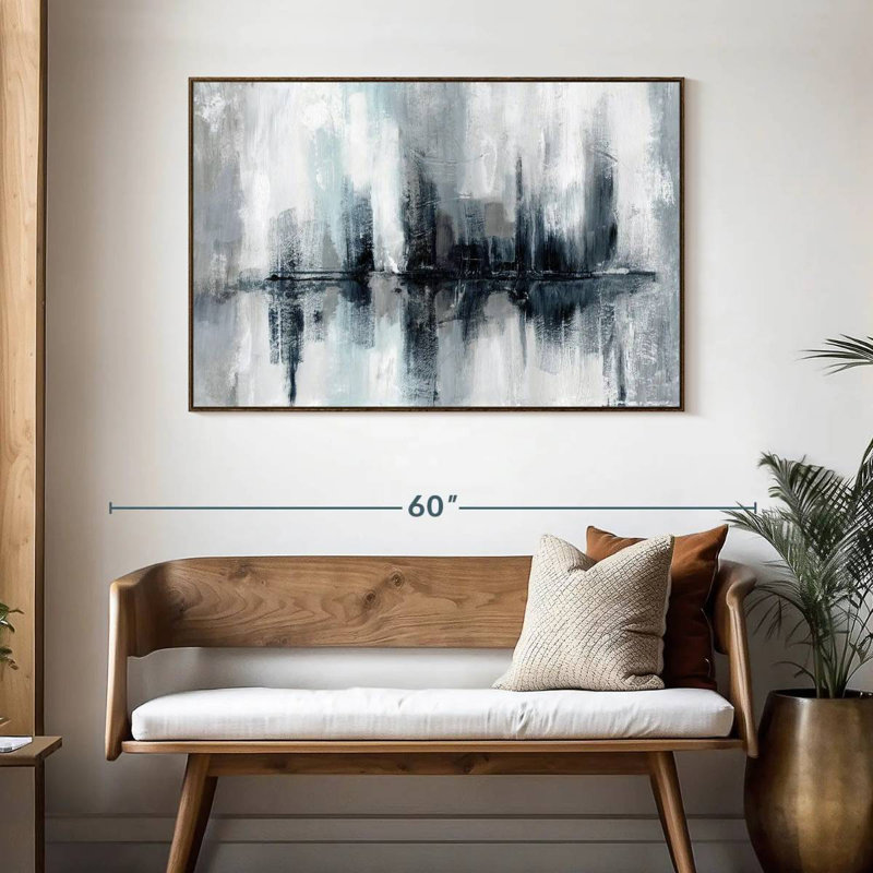 Lumières de port indigo, 46 po x 31 po, Cadre flottant en noyer