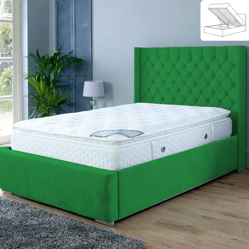 Gremillion Wingback Ottoman Storage Bed - Plush Velvet Gas Lift Bed Frame with Headboard, Small Double (4'), Emarald