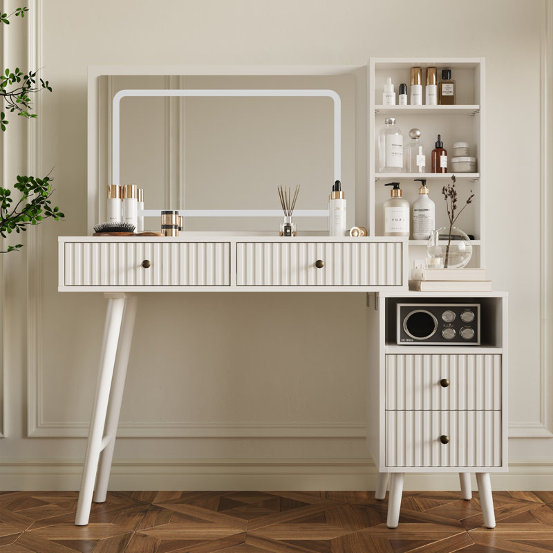 Bureau de coiffeuse Amberrae avec miroir lumineux à 3 couleurs DEL et station de charge