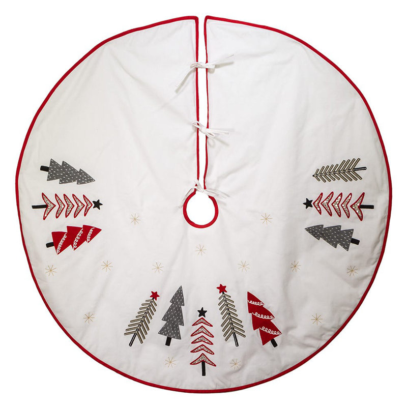 Kurt Adler Christmas Tree Skirt with Embroidered Tree Pattern Design, White, 50in