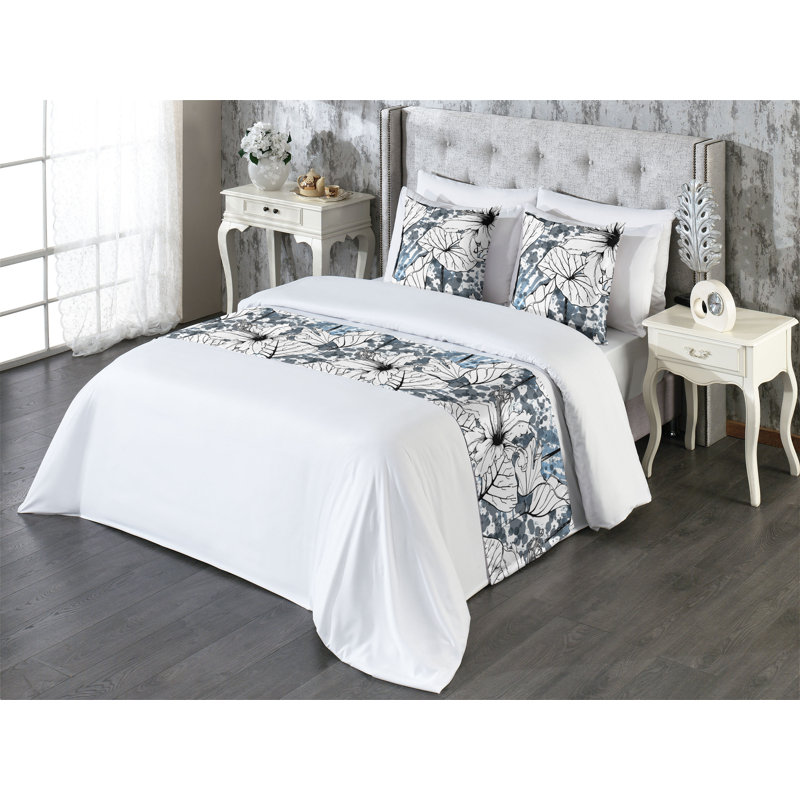 Ensemble de chemin de lit Ambesonne Jungle Boho fleurs monochromes blanc anthracite gris gris, Très grand lit