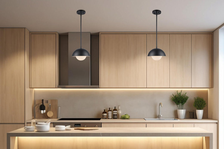 modern minimalist kitchen featuring layered lighting, including black pendant lights above the island, warm under-cabinet LED lighting, and integrated island lighting that illuminates light wood cabinetry and clean white countertops