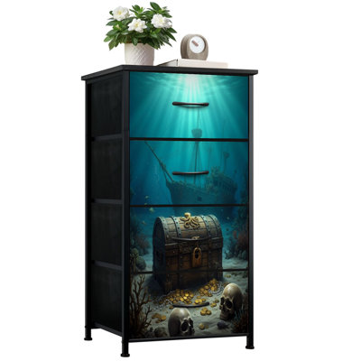 Dresser for Bedroom with 4 Storage Drawers Underwater Sunken Pirate Ship Treasure Chest Gold Coins Octopus Skulls Dressers Chest of Drawers Steel Framed Fabric Closet Organizers for Dorm Entryway