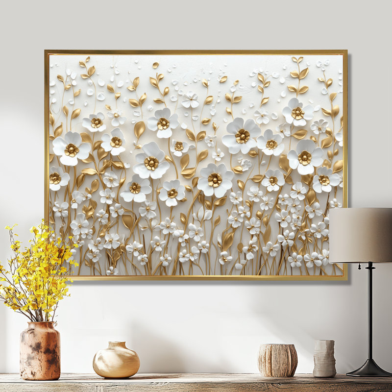 Orchidée blanche Moriyama, jardin de branches I - art mural fleurs sauvages pour le salon, H 24 po x l 32 po, Doré