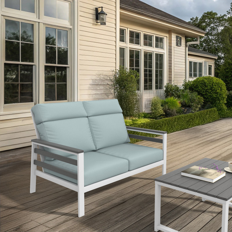 Townsend Metal Outdoor Loveseat With Sunbrella Cushion, Solid Color, Light Green