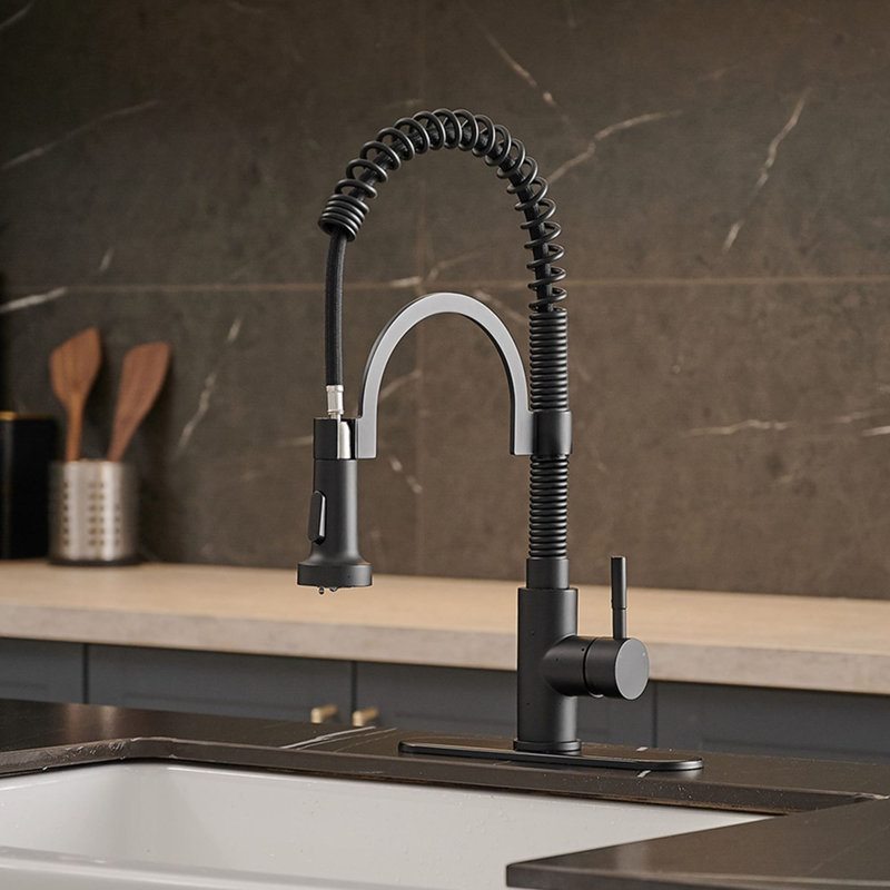 Robinet de cuisine rétractable à poignée simple avec accessoires, Nickel brossé
