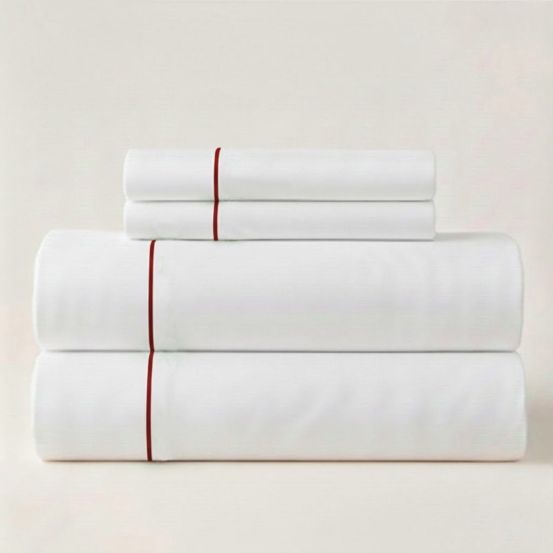 500TC Cotton Single Embroidery Sateen Solid Cotton 4 Piece Sheet Set Fitted Sheet Fits Upto 16" Deep Pocket, Burgundy Border