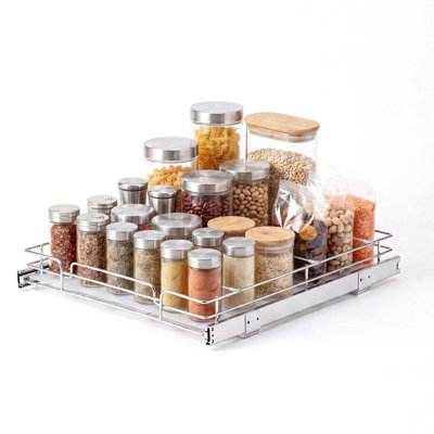 Organisateur de placard coulissant 53,7 cm (L) x 53,3 cm (P) en acier chromé, étagères coulissantes robustes pour placards bas, conçu pour l'organisation de la cuisine, de la salle de bain, du garde-manger et de la maison
