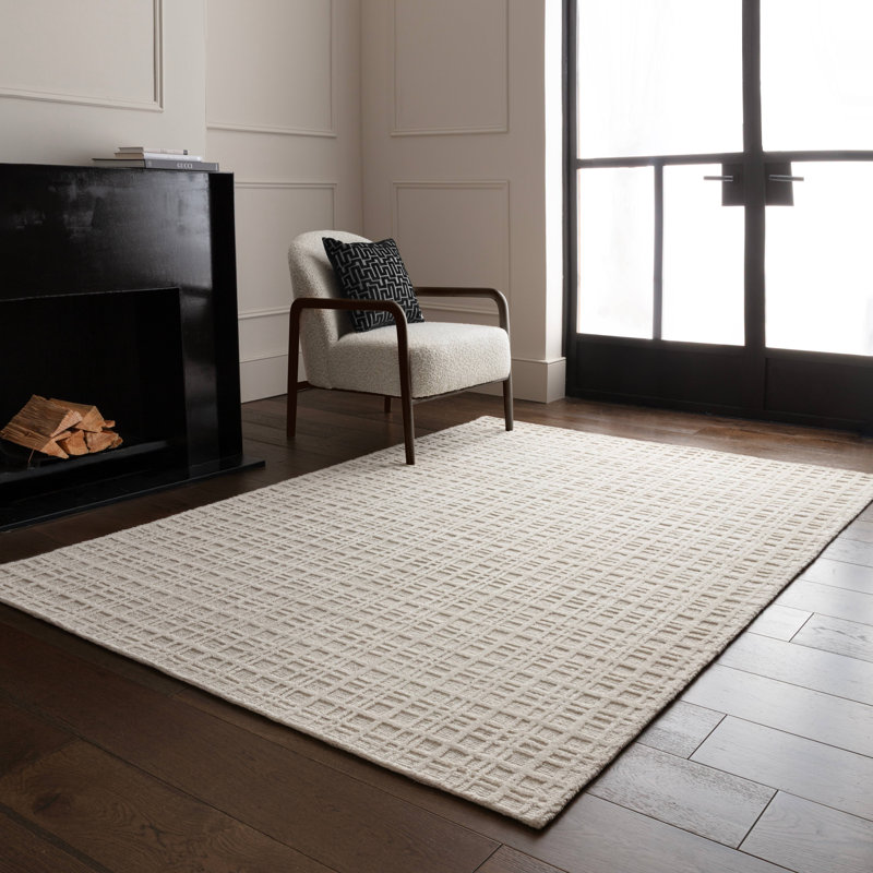 Beltsville Chequered Wool Hand Woven Area Rug, Cream, Rectangle 160 x 230 cm