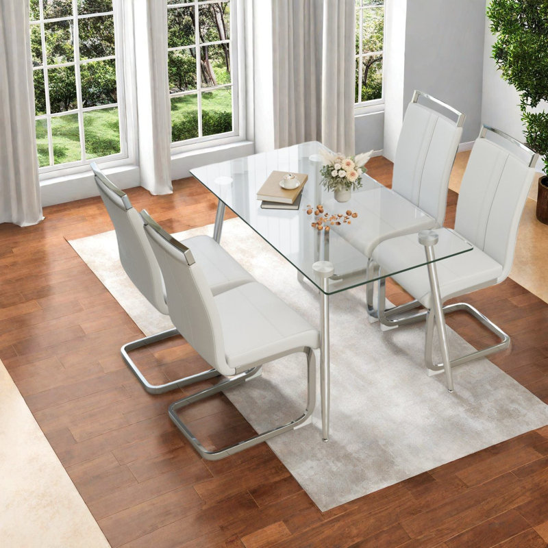 Modern Glass Dining Table Sets With Silver Legs For Kitchen
