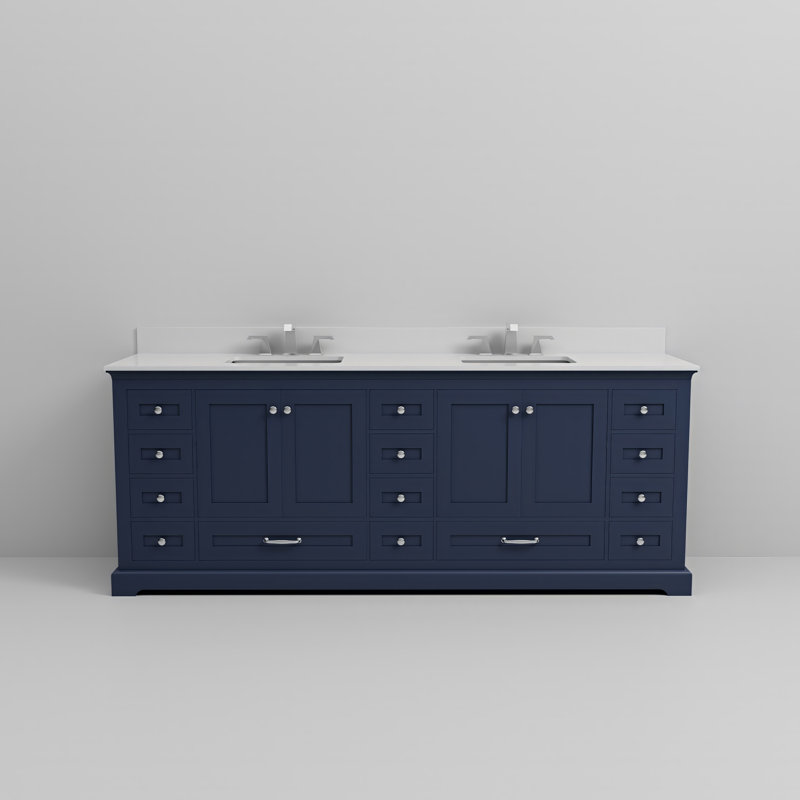 Ensemble de meuble-lavabo double 84 po Dukes, Marine, Marbre de culture blanc