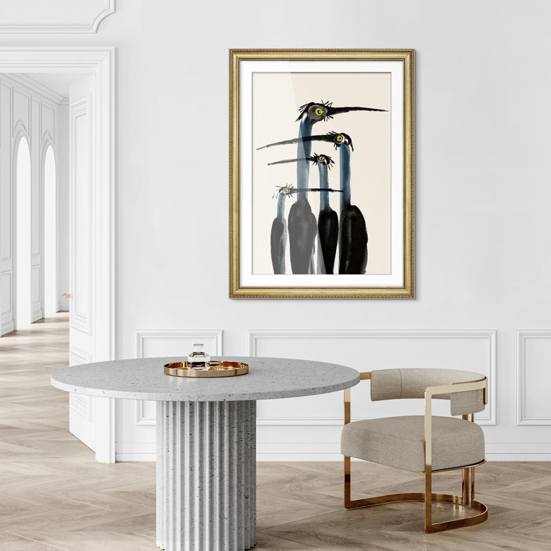 "Héron noir excentrique aux yeux jaunes, impressionisme, décoration murale encadrée dorée", Oui