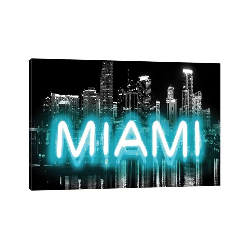 Neon Miami Aqua On Black by Hailey Carr - Wrapped Canvas Print, 30.48 cm H x 45.72 cm W