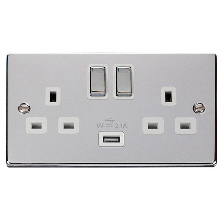 Polished Chrome 2 Gang 13A DP Ingot 1 USB Twin Double Switched Plug Socket
