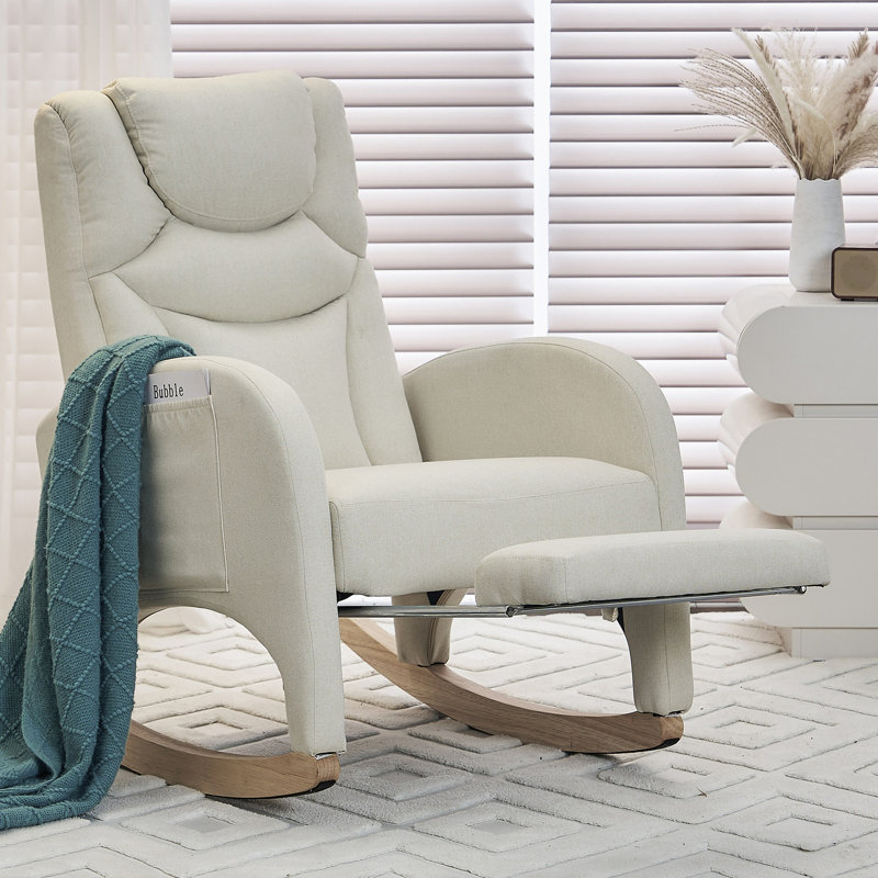 Chaise berçante en coton et lin avec repose-pieds réglable, Beige