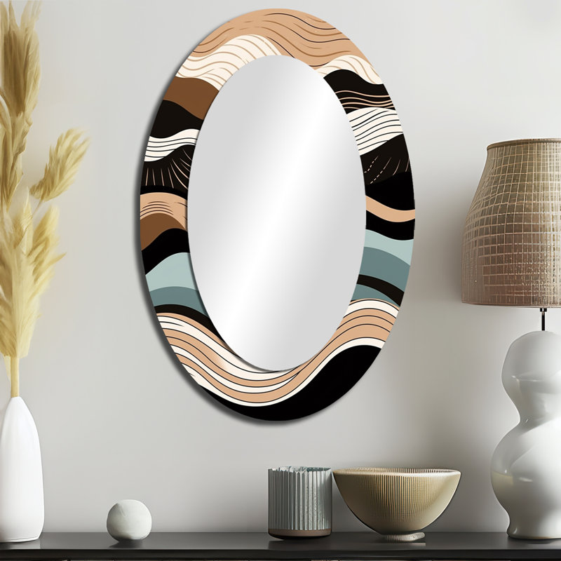 Teal Black Line Art Elegance I - Miroir mural ovale bleu sarcelle, 36 po x 24 po