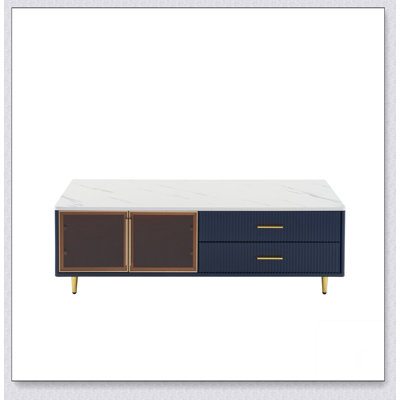 Table basse moderne bleu marine avec 2 portes de rangement en verre, 4 tiroirs, pieds en métal