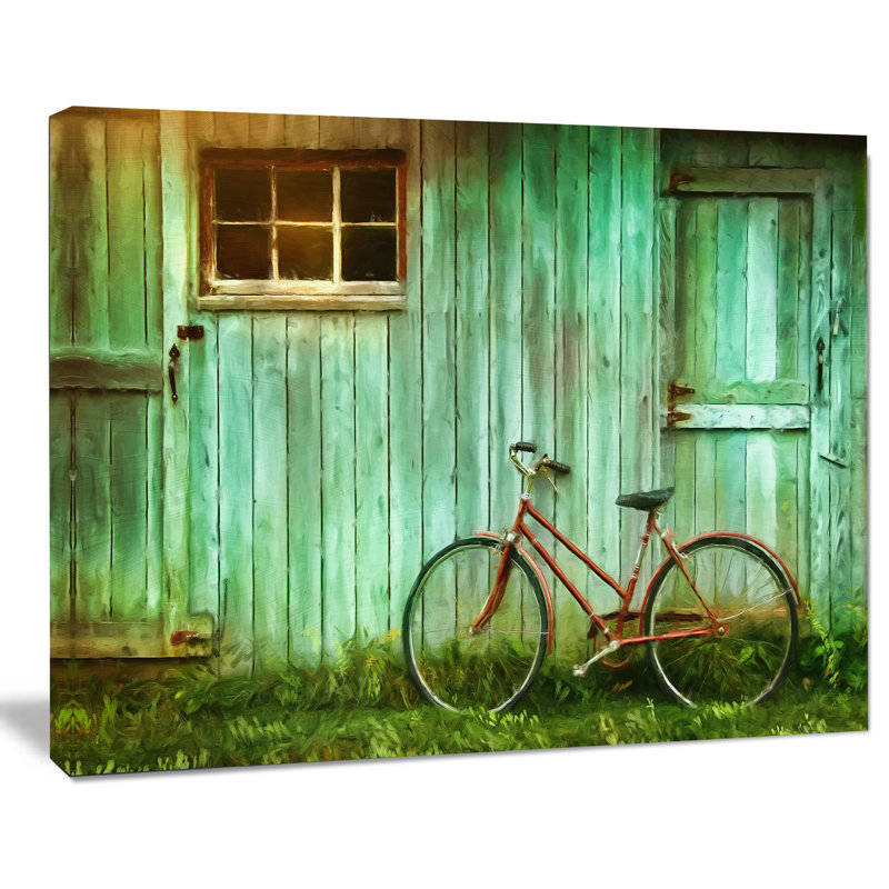 Vieille bicyclette contre la grange par Designart - 2 pièces, reproduction de photo sur toile, H 30 po x l 40 po