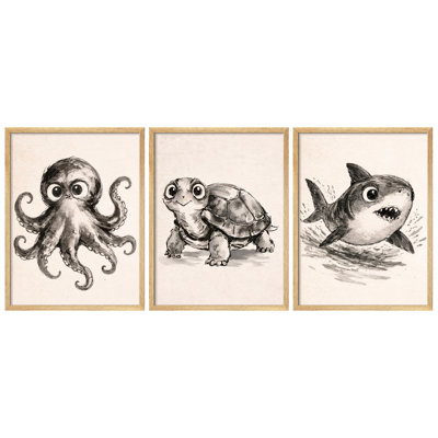 Ocean Animal Sketch Framed Wall Art Prints Set of 3 - Octopus Turtle Shark Kids Room Bathroom