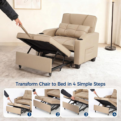Canapé-lit convertible 3 en 1 avec canapé-lit moderne et dossier ajustable USB / Type C Porte-gobelet de charge Poches latérales Vibrant Massage Oreiller lombaire Gain de place pour le salon Chambre à coucher