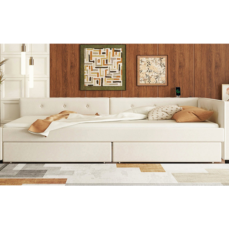 Lit plateforme double beige avec 2 tiroirs - bois, revêtement en lin, sans sommier, ajout de sophistication de chambre à coucher et tiroirs, polyvalence