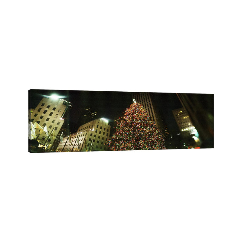 Christmas Tree Lit Up At Night, Rockefeller Center, Manhattan - Wrapped Canvas Panoramic Print