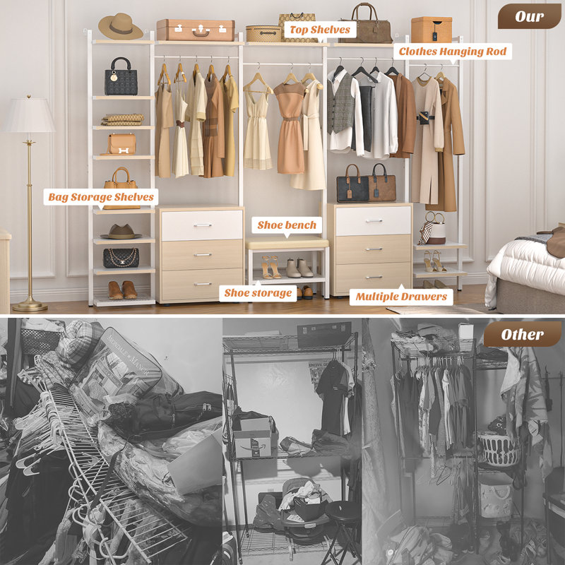 68"-96" Closet Organizer With 6-Drawers,4 Clothing Rack, Beige Wood