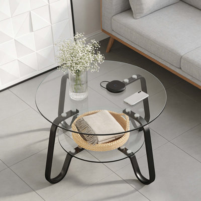 Table basse en verre trempé à double couche avec structure en métal, taille 31,5 * 31,5 * 17,7 pouces, ajoutant une touche d'élégance à votre salon