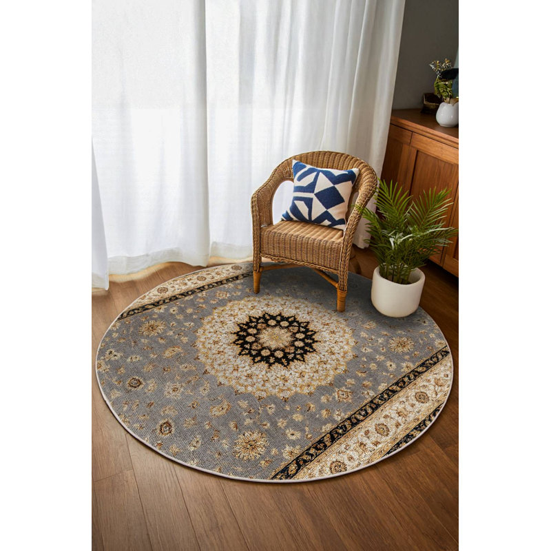 Giuseppi Collection Digital Print Cotton-Polyester Brown Gray Oriental Rug, Round 3'4"
