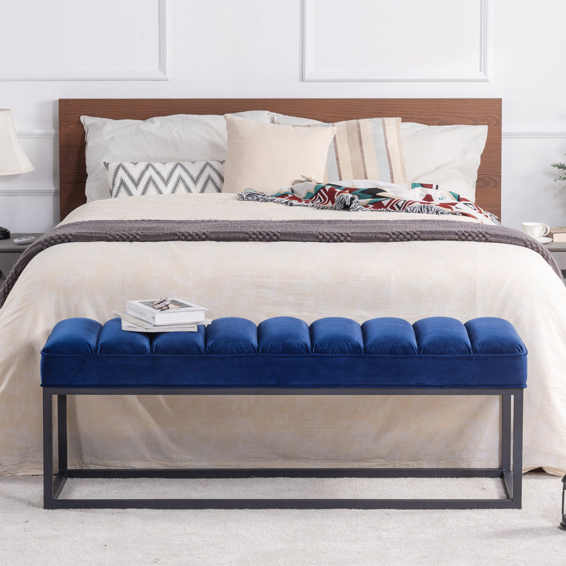 Lubbert Faux Leather Bench, Navy Blue, Metal