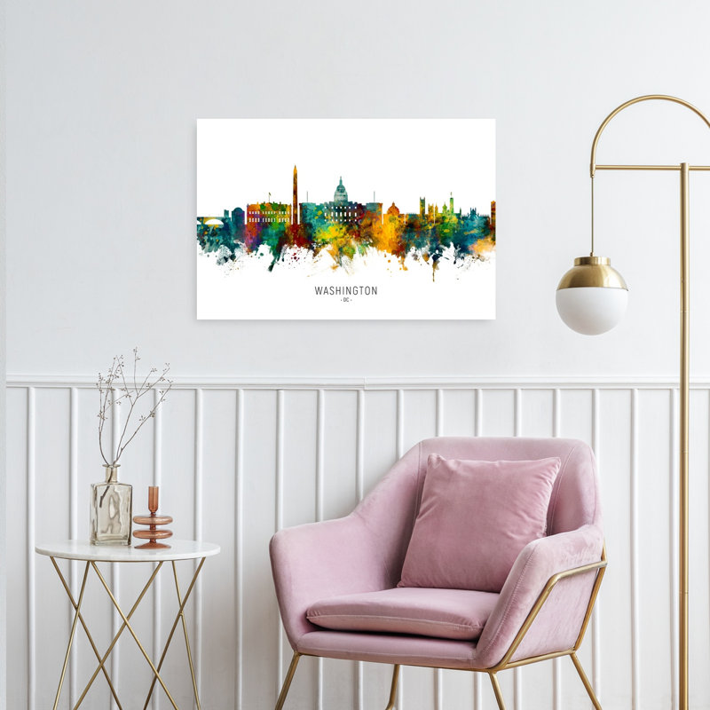Vibrant Dc Watercolor Skyline Abstract Contemporary Architecture City Wall Art Print by Michael Tompsett - 1 Piece Wrapped Canvas Wall Art