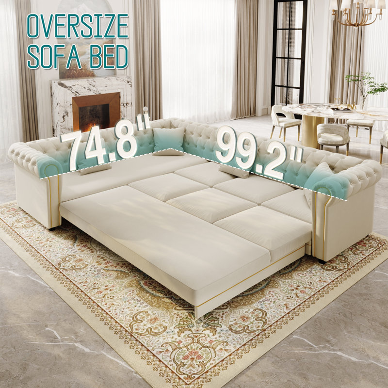 Canapé d'angle en velours de luxe avec lit escamotable, canapé-lit convertible 3 en 1 avec boutons capitonnés, Blanc beige