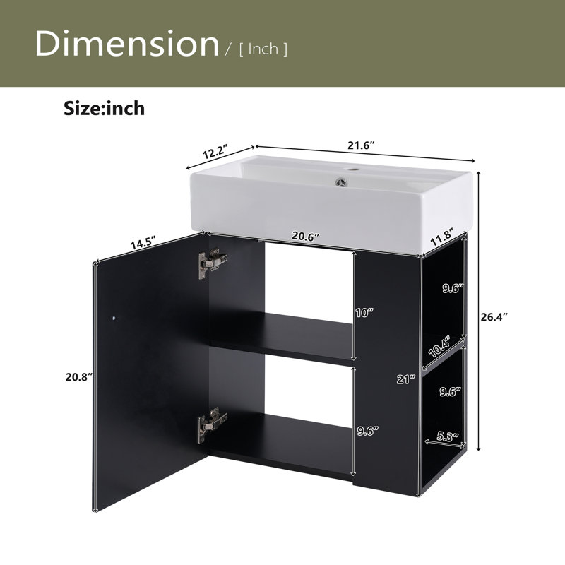 21.6 Inch Modern Floating Bathroom Vanity, Black