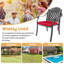 Ensemble de 6 chaises de jardin empilables avec accoudoirs, coussins rouges et structure en aluminium moulé.