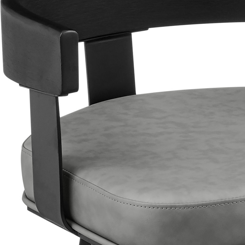 Ahlem Modern Swivel Counter or Bar Height Barstool with Arms and Open Low Back in Iron with Wood and Faux Leather