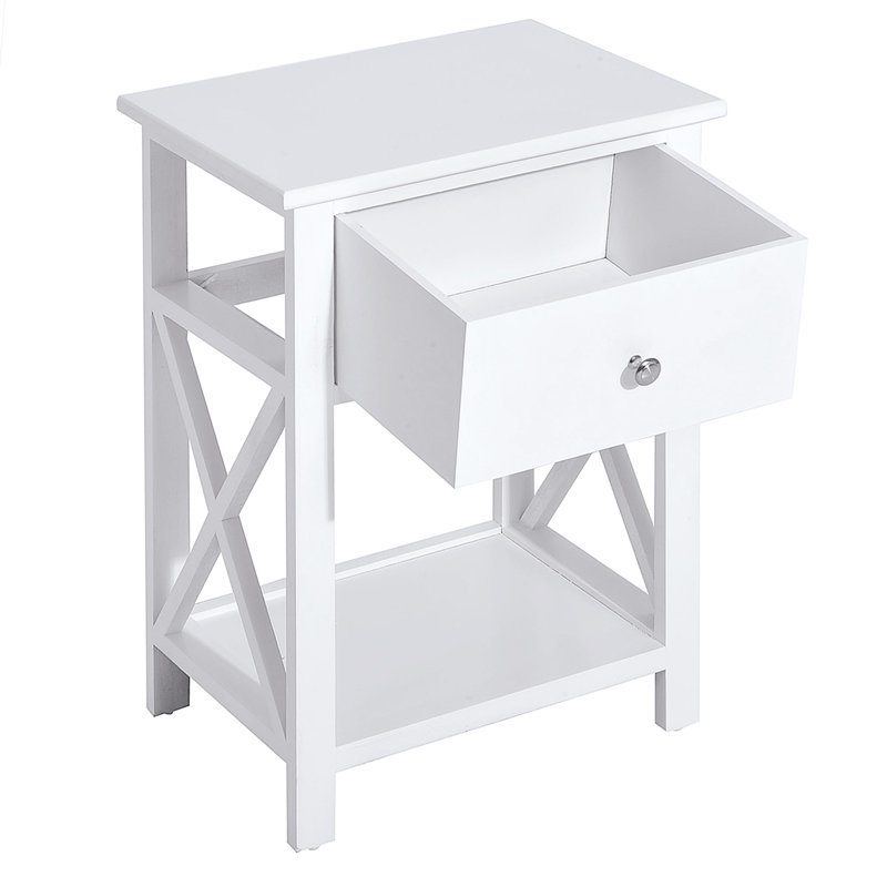 White Farmhouse End Table with Drawer, Open Shelf & X-Frame for Living Room