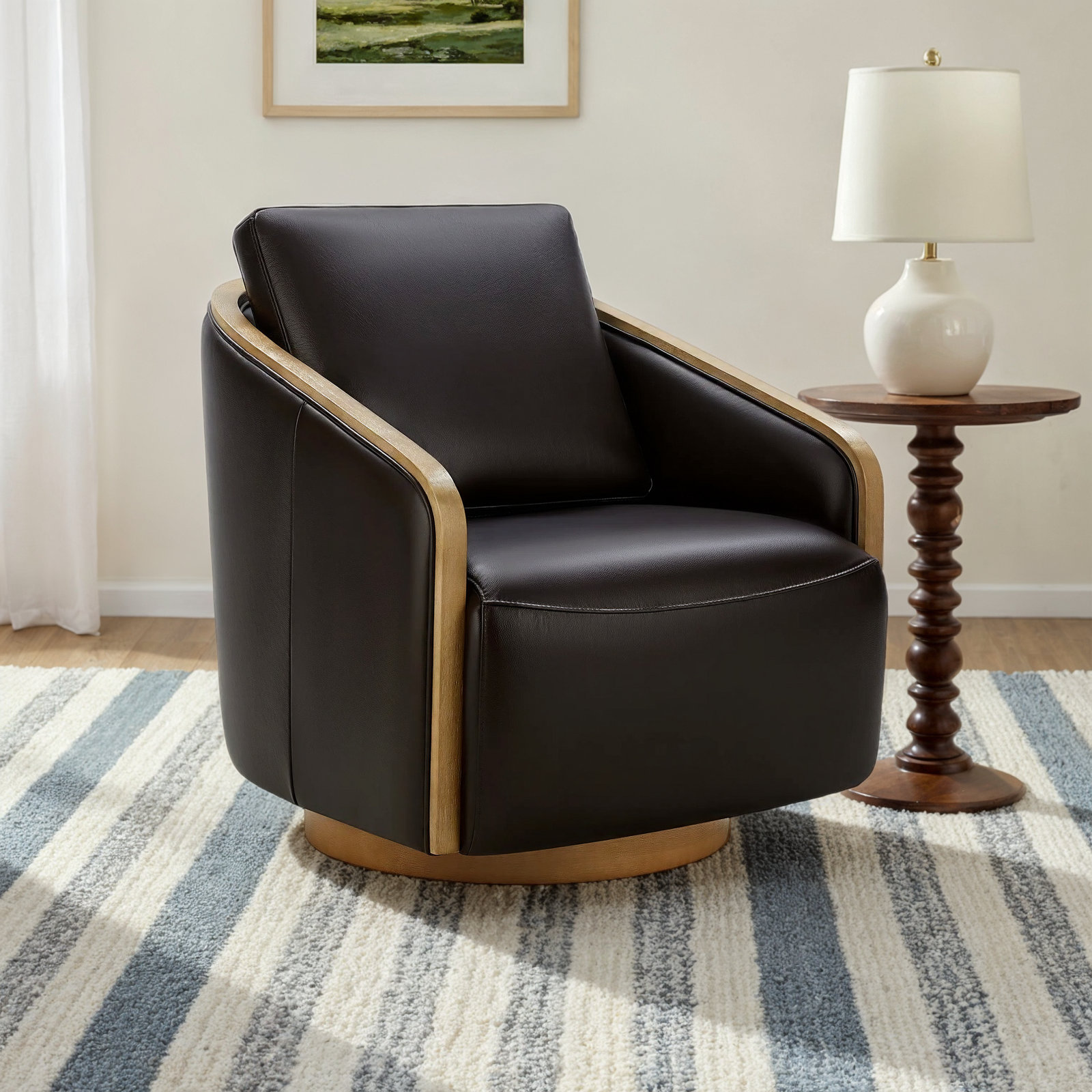 Nieve Genuine Leather Swivel Barrel Chair, Parham Black