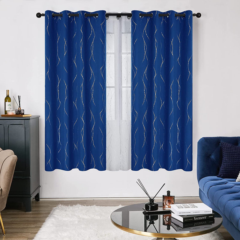 Senath Dotted Line Foil Printed Room Darkening Thermal Curtains, 168cm W x 229cm D, Royal Blue