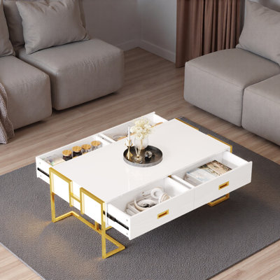 Modern Rectangular Coffee Table With 4 Drawers And Gold Base