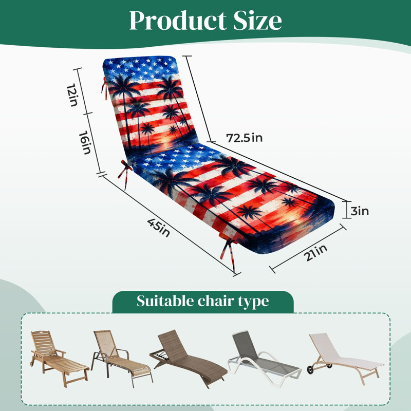  Outdoor Indoor 3'' Lounge Patio Cushion American Flag Watercolor Silhouette Palm Trees Water-Resistant Chaise Lounge Cushion for Chair Patio Furniture Seat Cushion