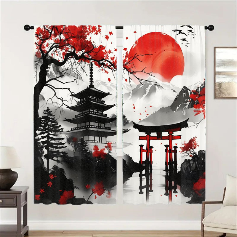2Pcs Japanese Style Red Sun Landscape Curtains, Zen Pattern Black & White Artistic Room Decor For living Room Bedroom Kitchen Rod Pocket Window Drapes, Light Filtering Panels