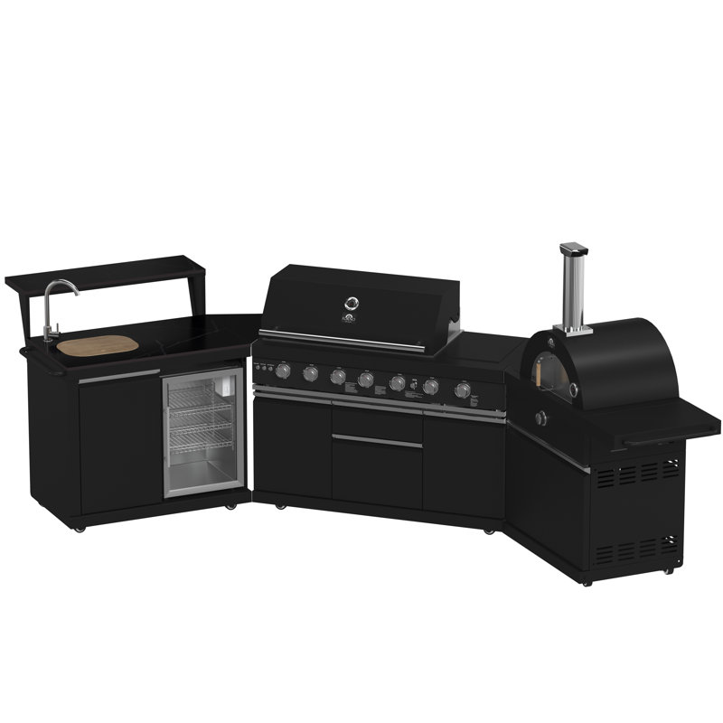 Forno All'Aperto avec comptoirs en pierre frittée noire, barbecue 87 600 BTU, évier et module de bar, four à pizza au gaz