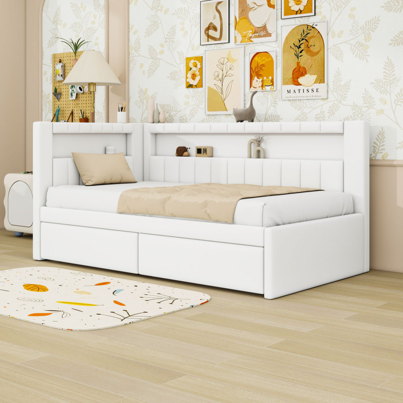 Twin Size Upholstered Daybed with USB Ports and LED Lighting, White
