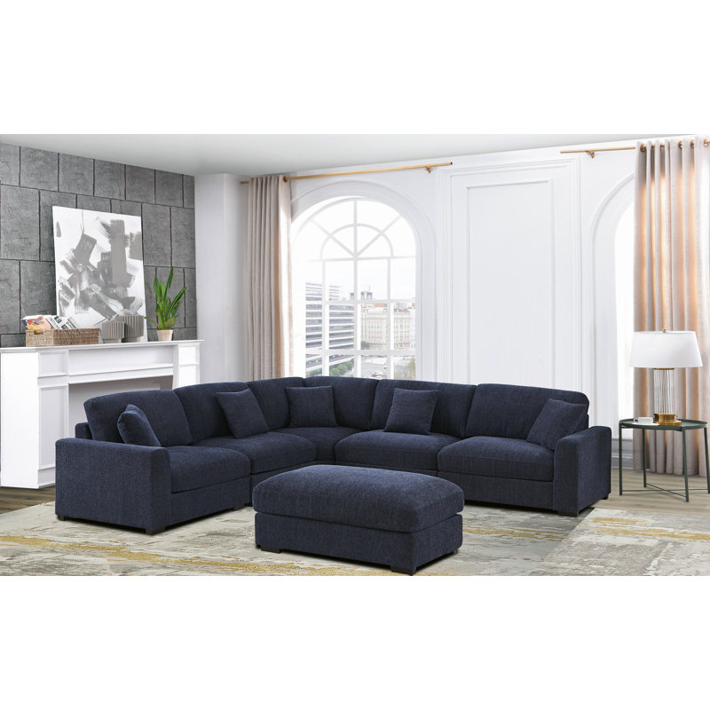 Canapé modulaire d'angle rembourré 6 places Angeliah, Mélange de polyester bleu foncé