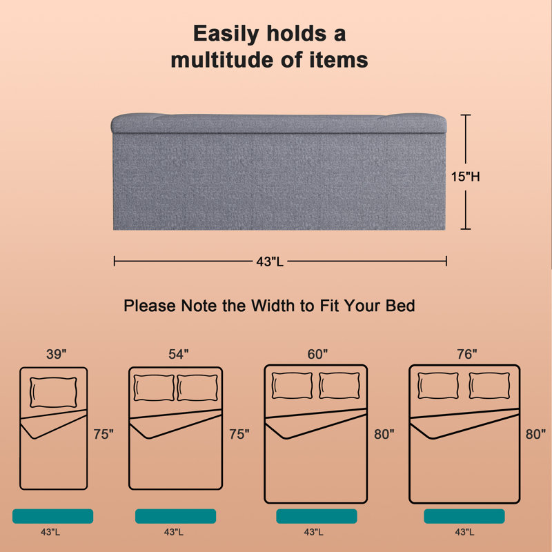 Banc de rangement avec repose-pieds de 43 po pliable en tissu, siège polyvalent avec compartiment de rangement caché